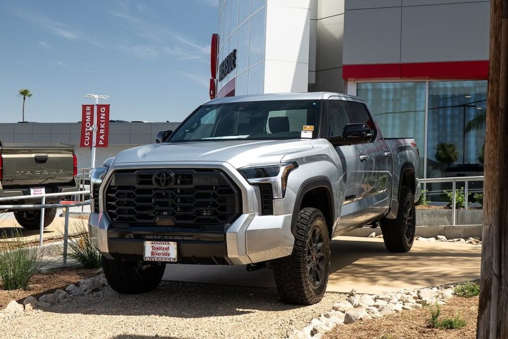 A silver 2026 Toyota Tundra Limited with the TRD Off-Road Package outside the Toyota of Riverside showroom